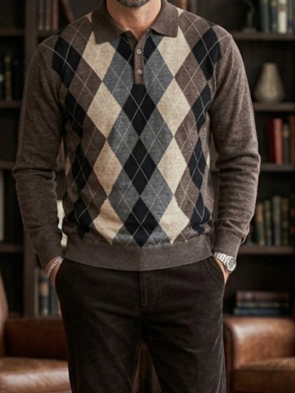 Vintage 90s Fine Wool Brown Argyle Polo Sweater Brandini Men’s XL Made in Italy